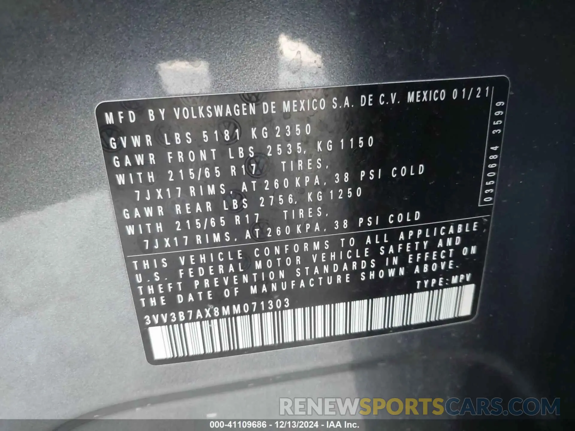 9 Photograph of a damaged car 3VV3B7AX8MM071303 VOLKSWAGEN TIGUAN 2021
