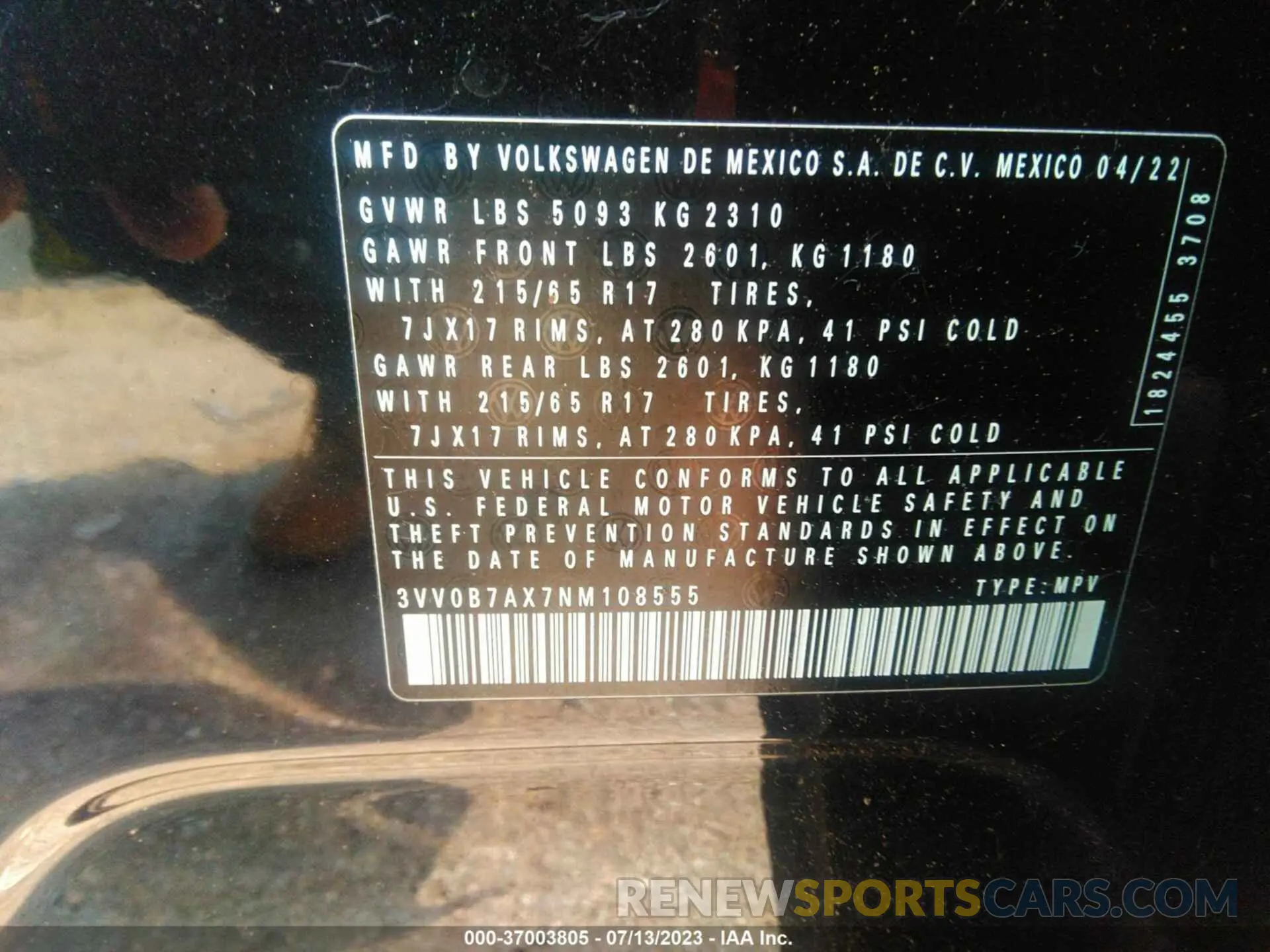 9 Фотография поврежденного автомобиля 3VV0B7AX7NM108555 VOLKSWAGEN TIGUAN 2022