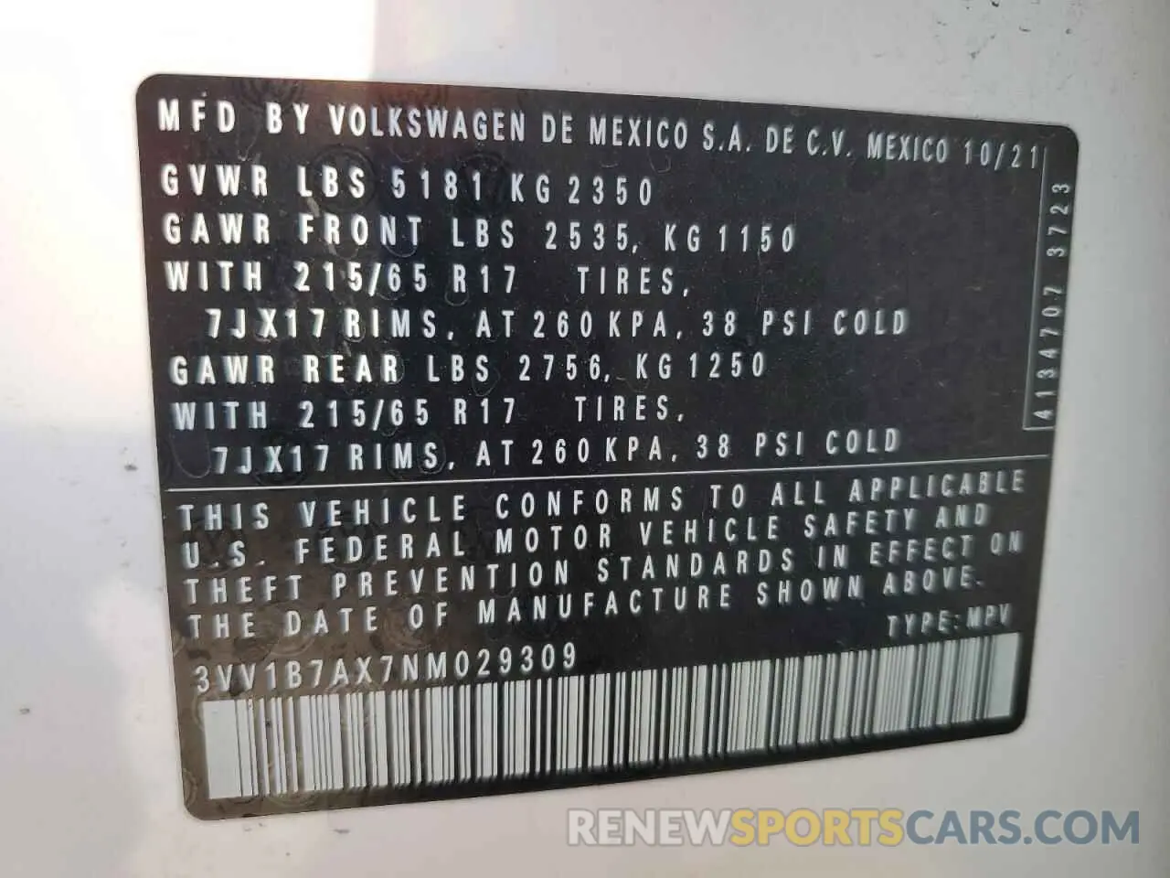 13 Photograph of a damaged car 3VV1B7AX7NM029309 VOLKSWAGEN TIGUAN 2022