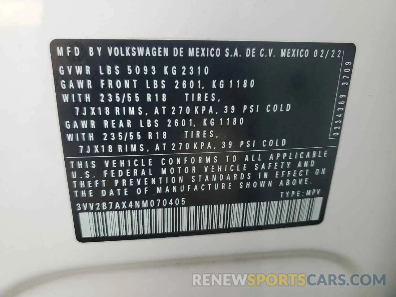 13 Photograph of a damaged car 3VV2B7AX4NM070405 VOLKSWAGEN TIGUAN 2022