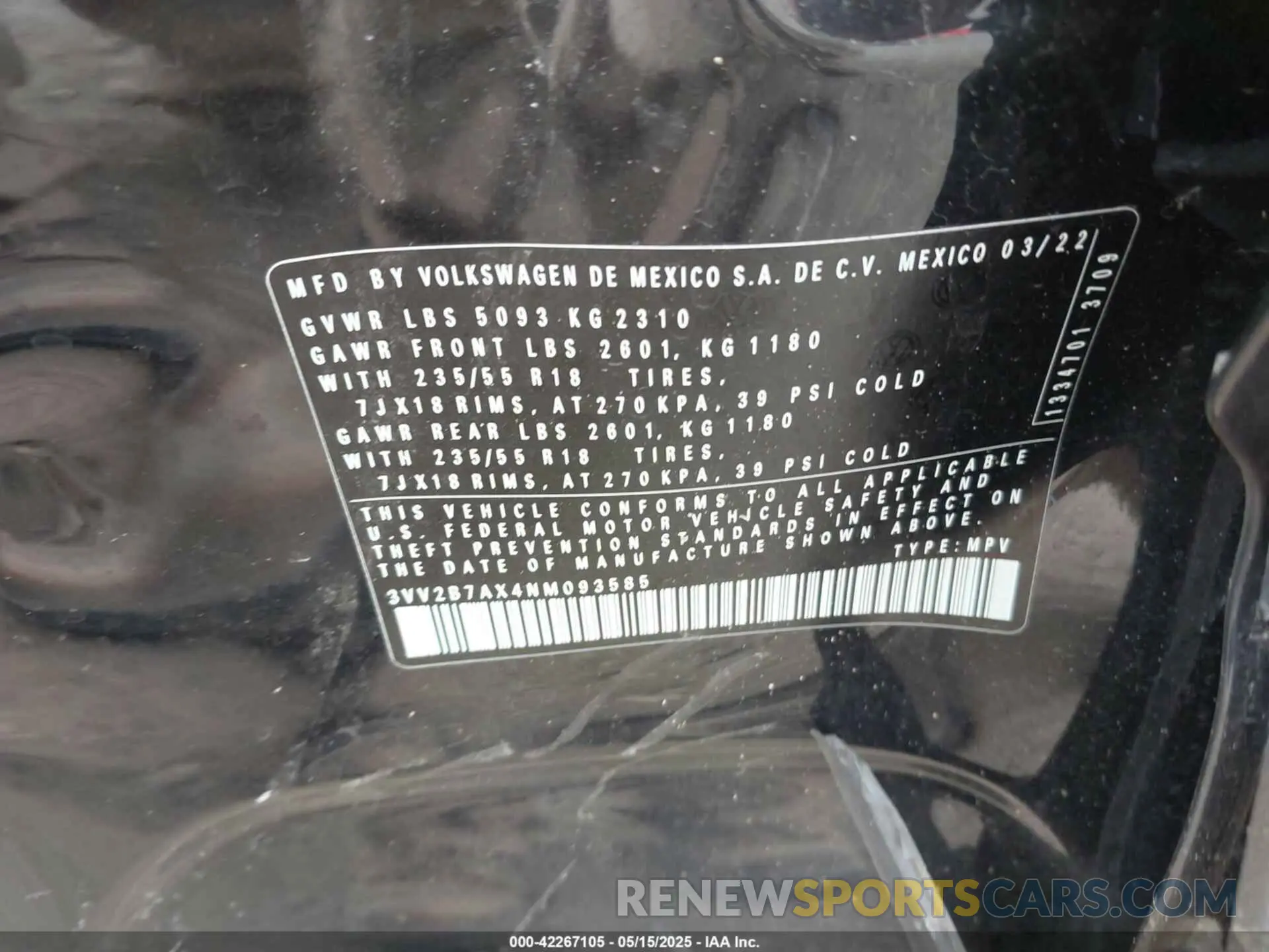9 Photograph of a damaged car 3VV2B7AX4NM093585 VOLKSWAGEN TIGUAN 2022