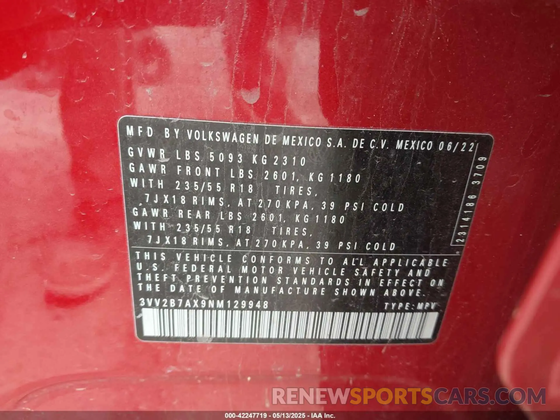 9 Фотография поврежденного автомобиля 3VV2B7AX9NM129948 VOLKSWAGEN TIGUAN 2022