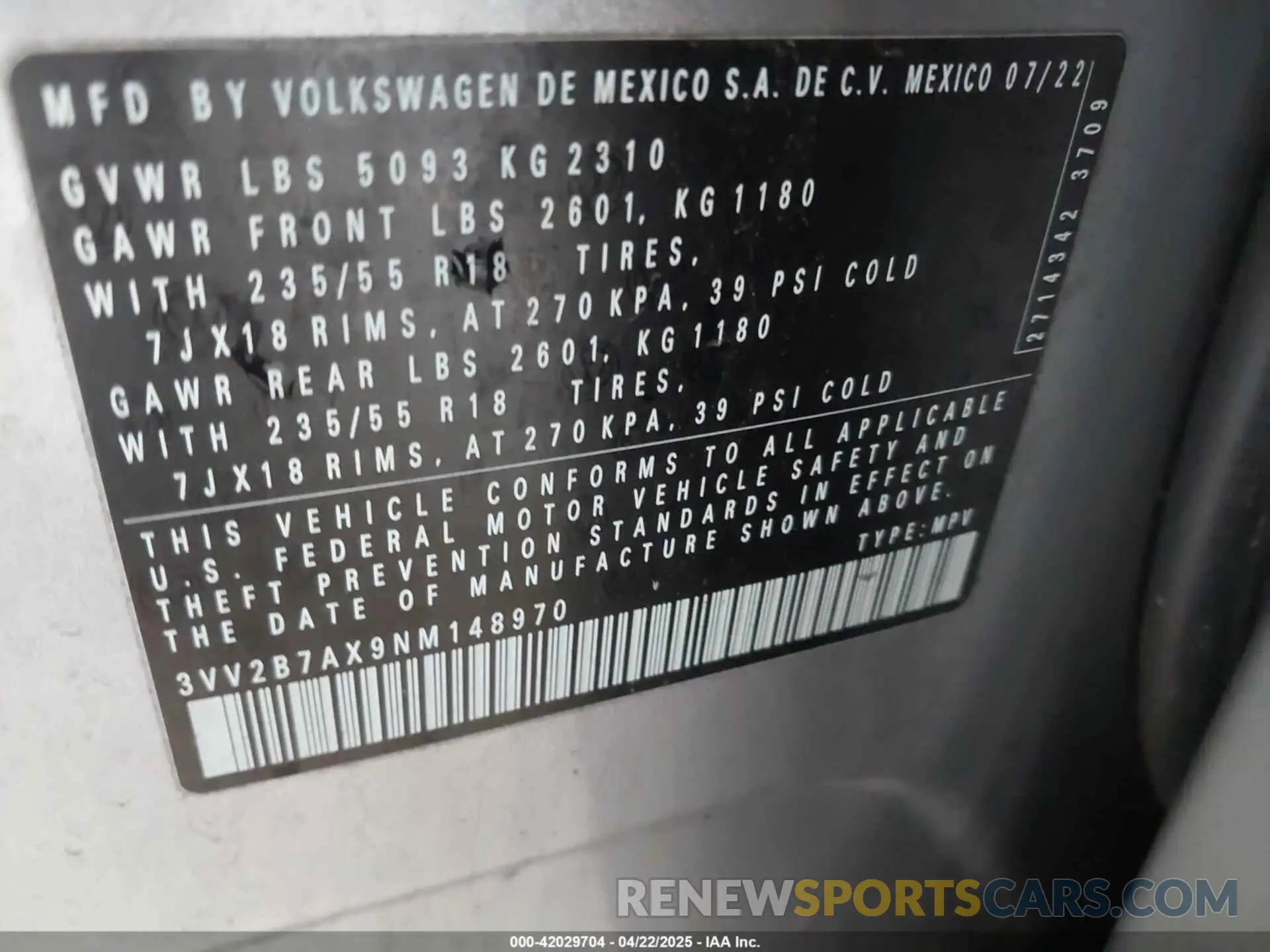 9 Фотография поврежденного автомобиля 3VV2B7AX9NM148970 VOLKSWAGEN TIGUAN 2022