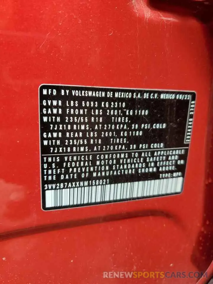 12 Фотография поврежденного автомобиля 3VV2B7AXXNM158021 VOLKSWAGEN TIGUAN 2022