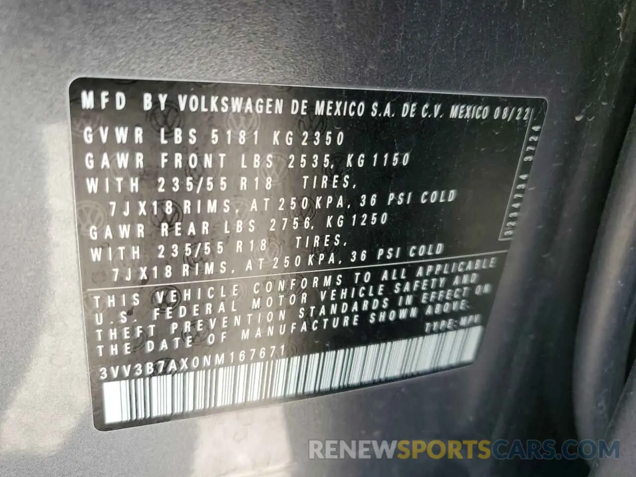 12 Photograph of a damaged car 3VV3B7AX0NM167671 VOLKSWAGEN TIGUAN 2022
