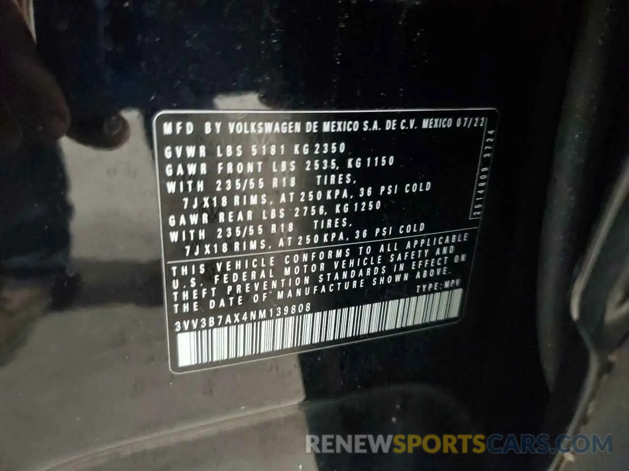 13 Photograph of a damaged car 3VV3B7AX4NM139808 VOLKSWAGEN TIGUAN 2022