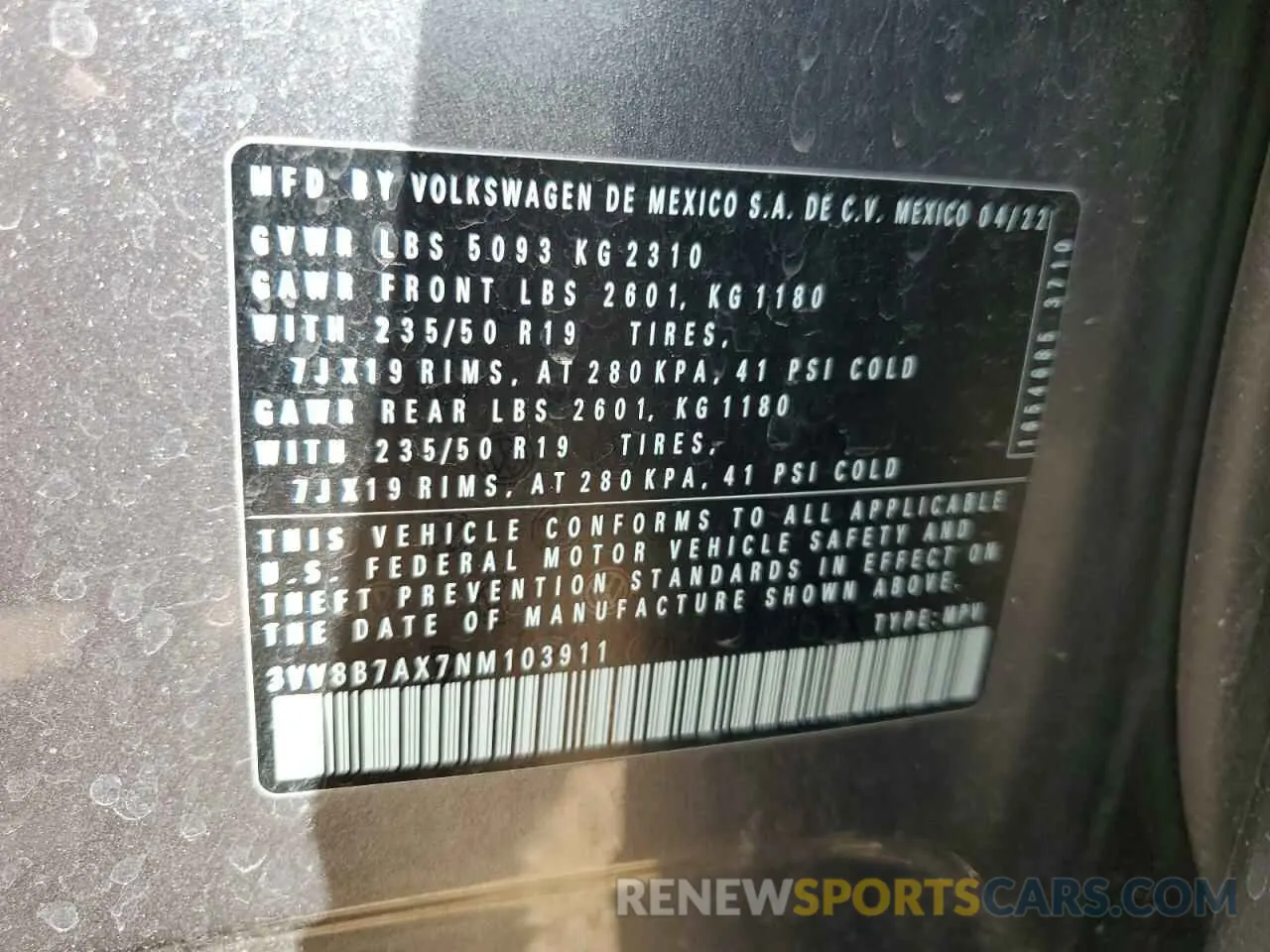 15 Photograph of a damaged car 3VV8B7AX7NM103911 VOLKSWAGEN TIGUAN 2022