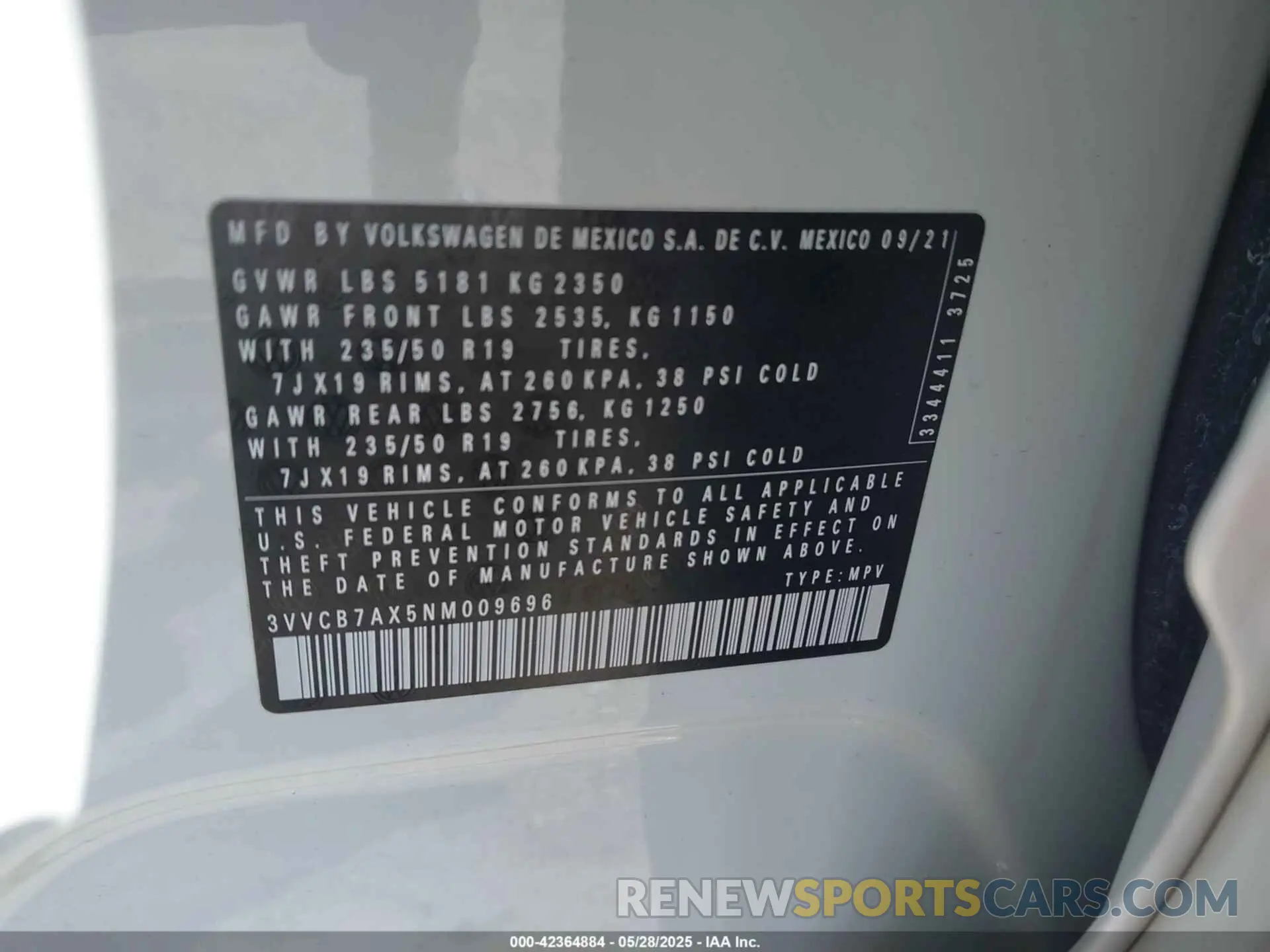 9 Фотография поврежденного автомобиля 3VVCB7AX5NM009696 VOLKSWAGEN TIGUAN 2022