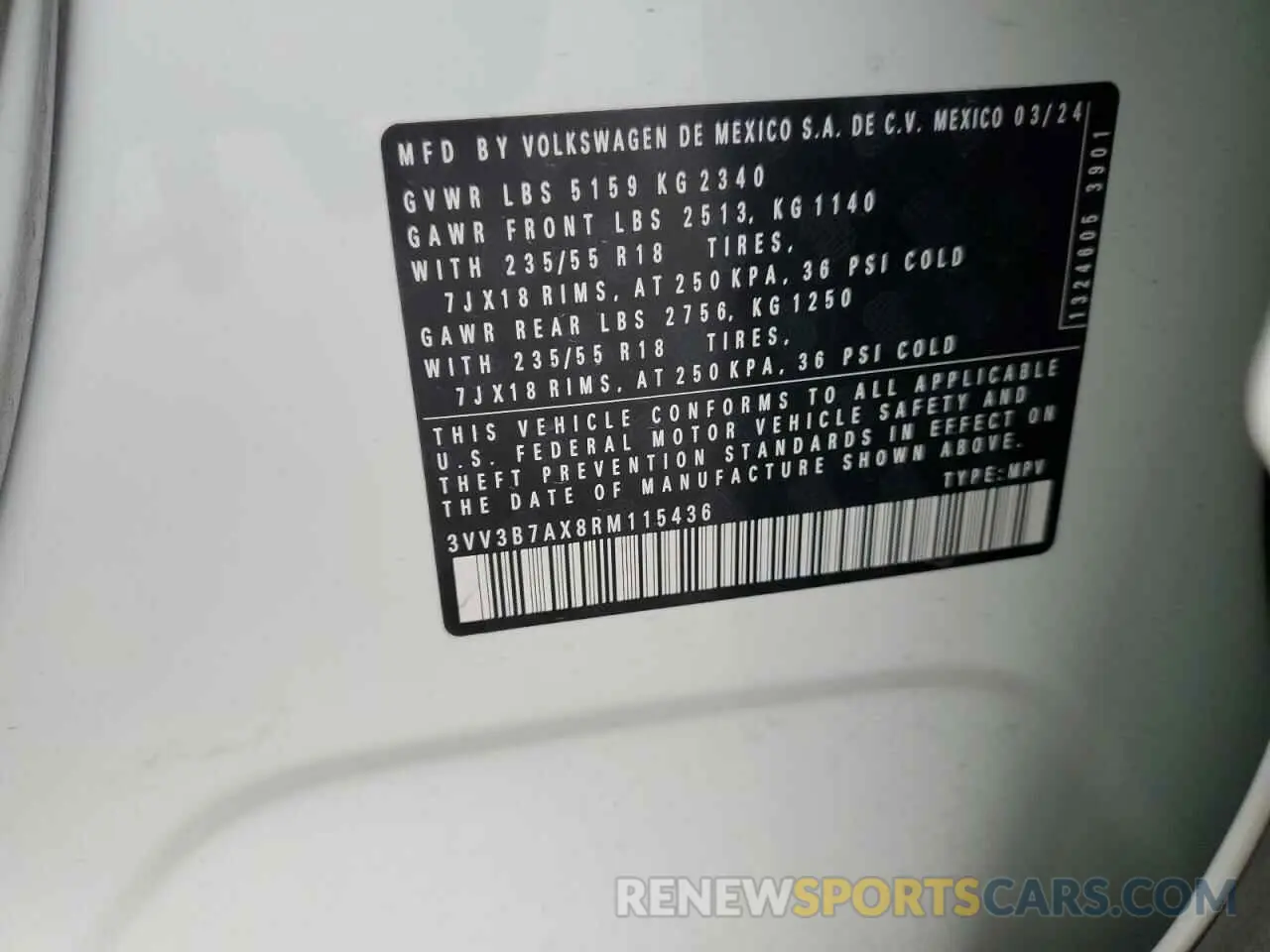 14 Photograph of a damaged car 3VV3B7AX8RM115436 VOLKSWAGEN TIGUAN 2024