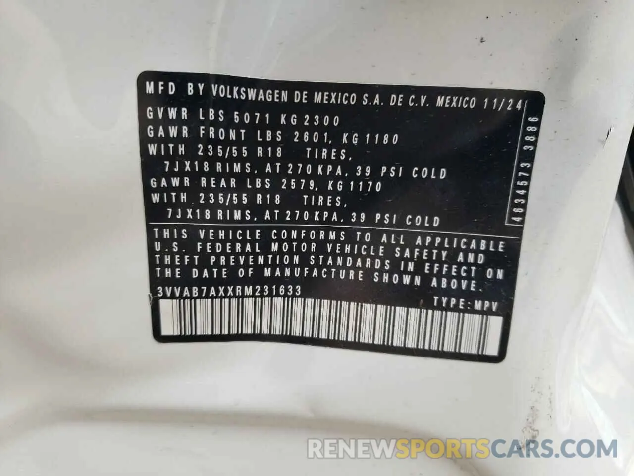 13 Photograph of a damaged car 3VVAB7AXXRM231633 VOLKSWAGEN TIGUAN 2024