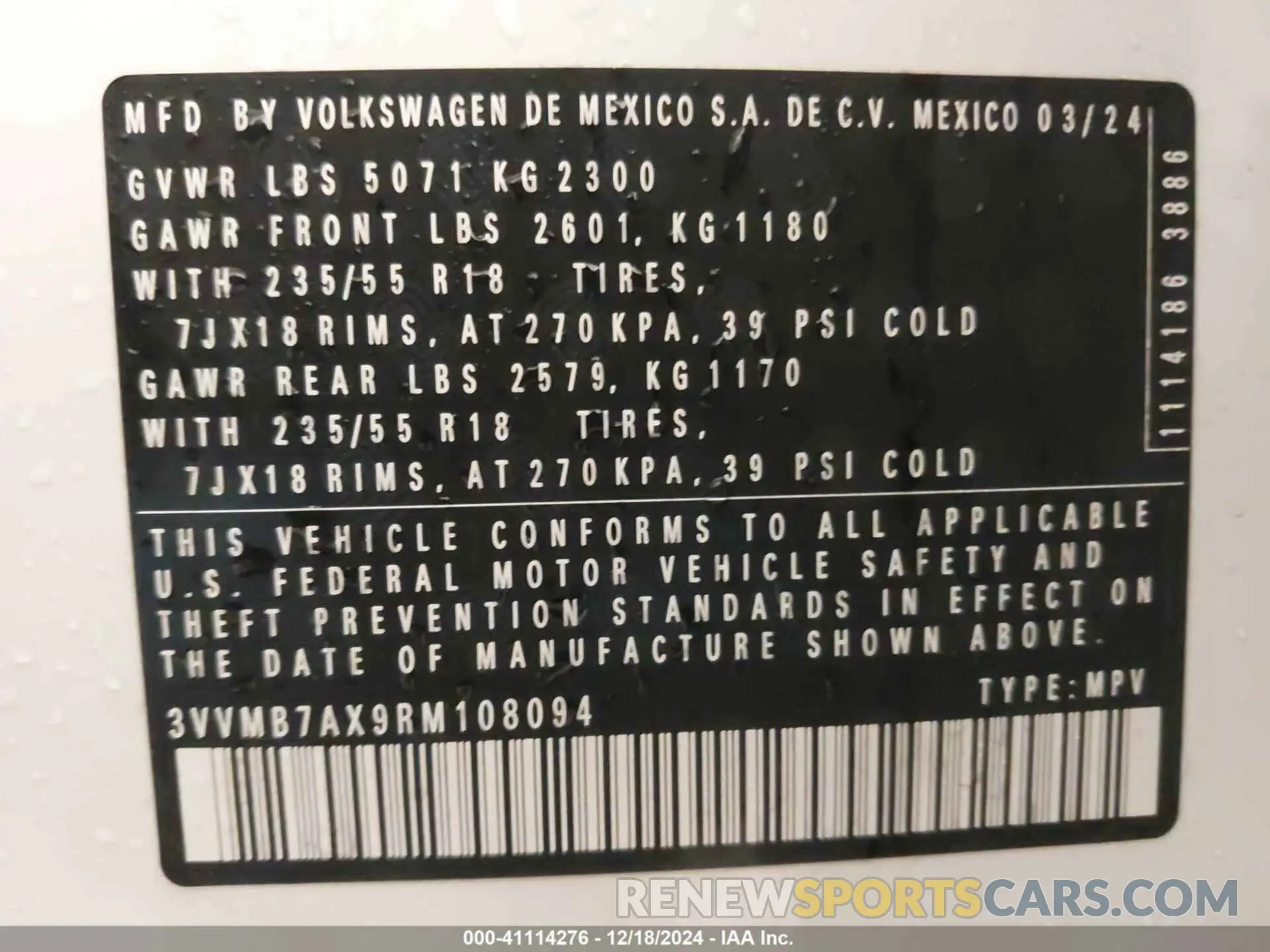 9 Фотография поврежденного автомобиля 3VVMB7AX9RM108094 VOLKSWAGEN TIGUAN 2024