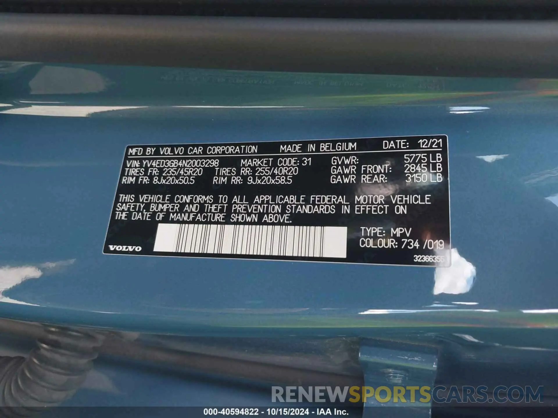 9 Photograph of a damaged car YV4ED3GB4N2003298 VOLVO C40 RECHARGE PURE ELECTRIC 2022