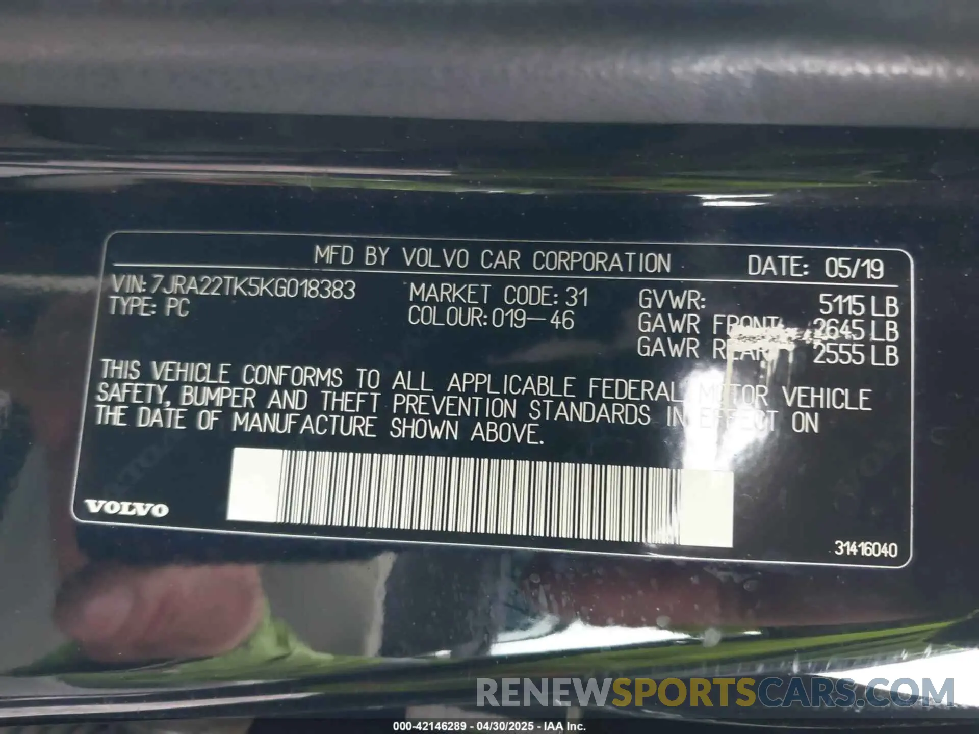 9 Photograph of a damaged car 7JRA22TK5KG018383 VOLVO S60 2019
