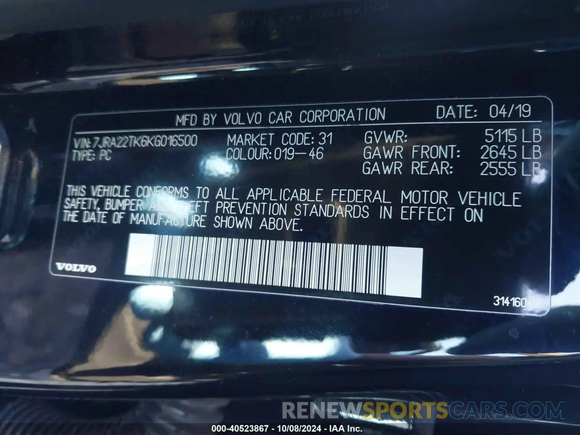 9 Photograph of a damaged car 7JRA22TK6KG016500 VOLVO S60 2019
