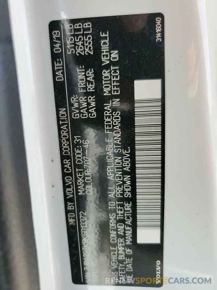 12 Photograph of a damaged car 7JRA22TK8KG013372 VOLVO S60 2019