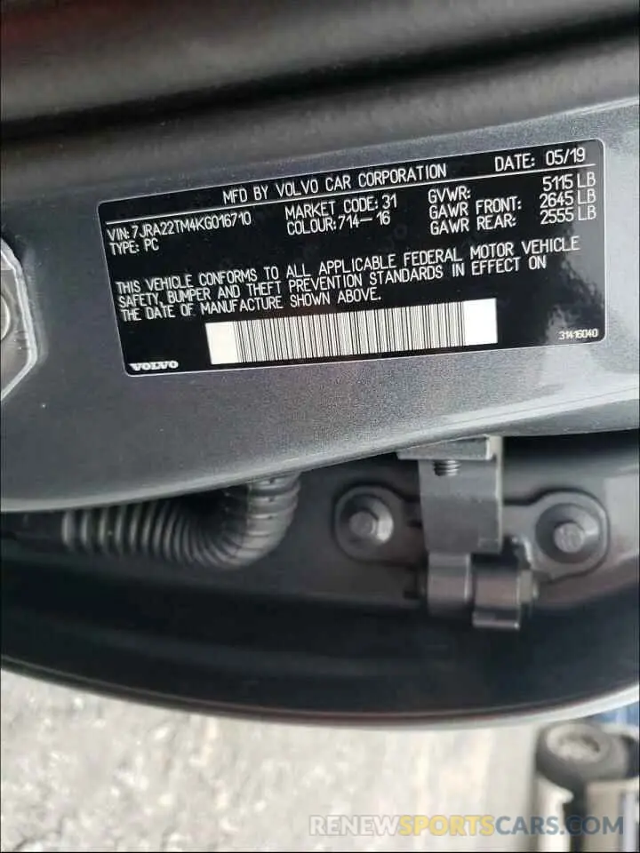 10 Photograph of a damaged car 7JRA22TM4KG016710 VOLVO S60 2019