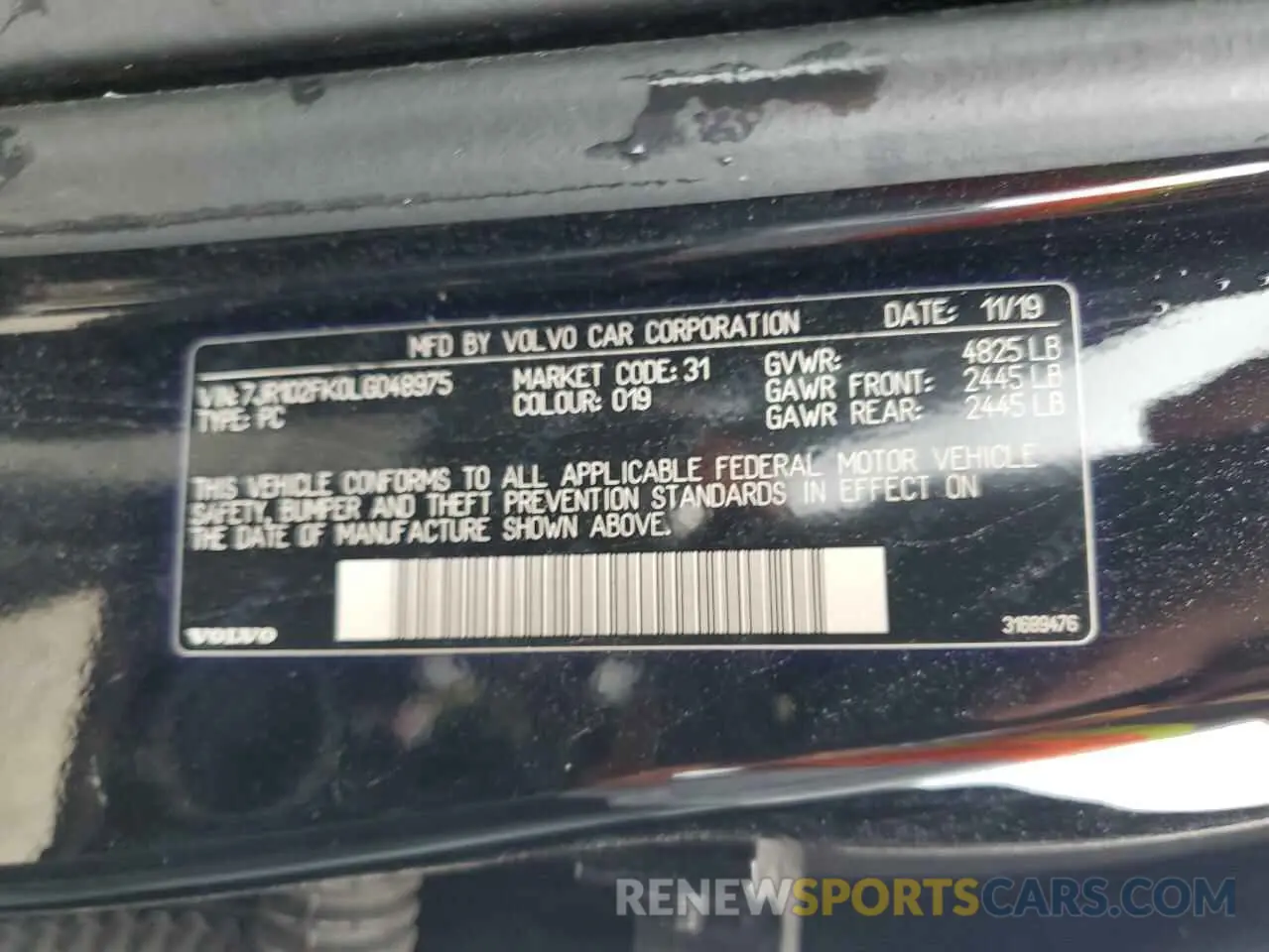 13 Photograph of a damaged car 7JR102FK0LG048975 VOLVO S60 2020