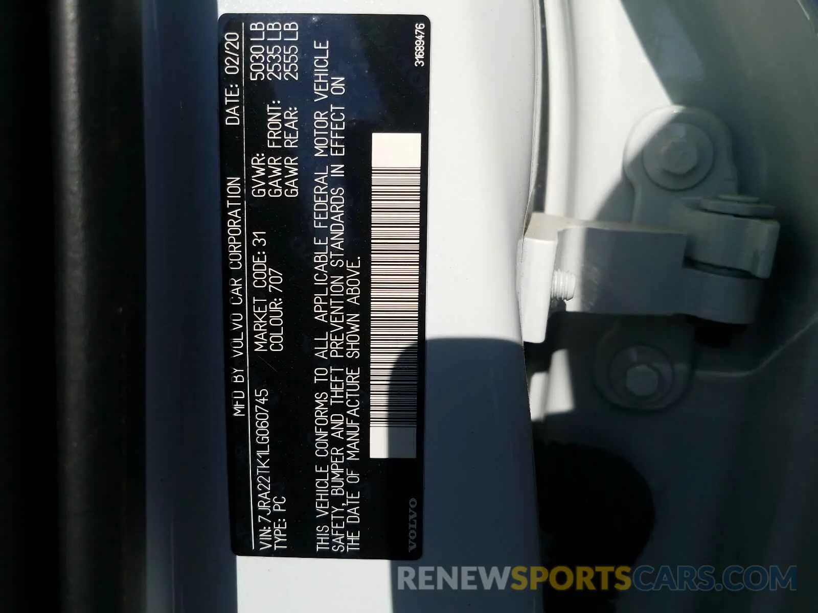10 Фотография поврежденного автомобиля 7JRA22TK1LG060745 VOLVO S60 2020