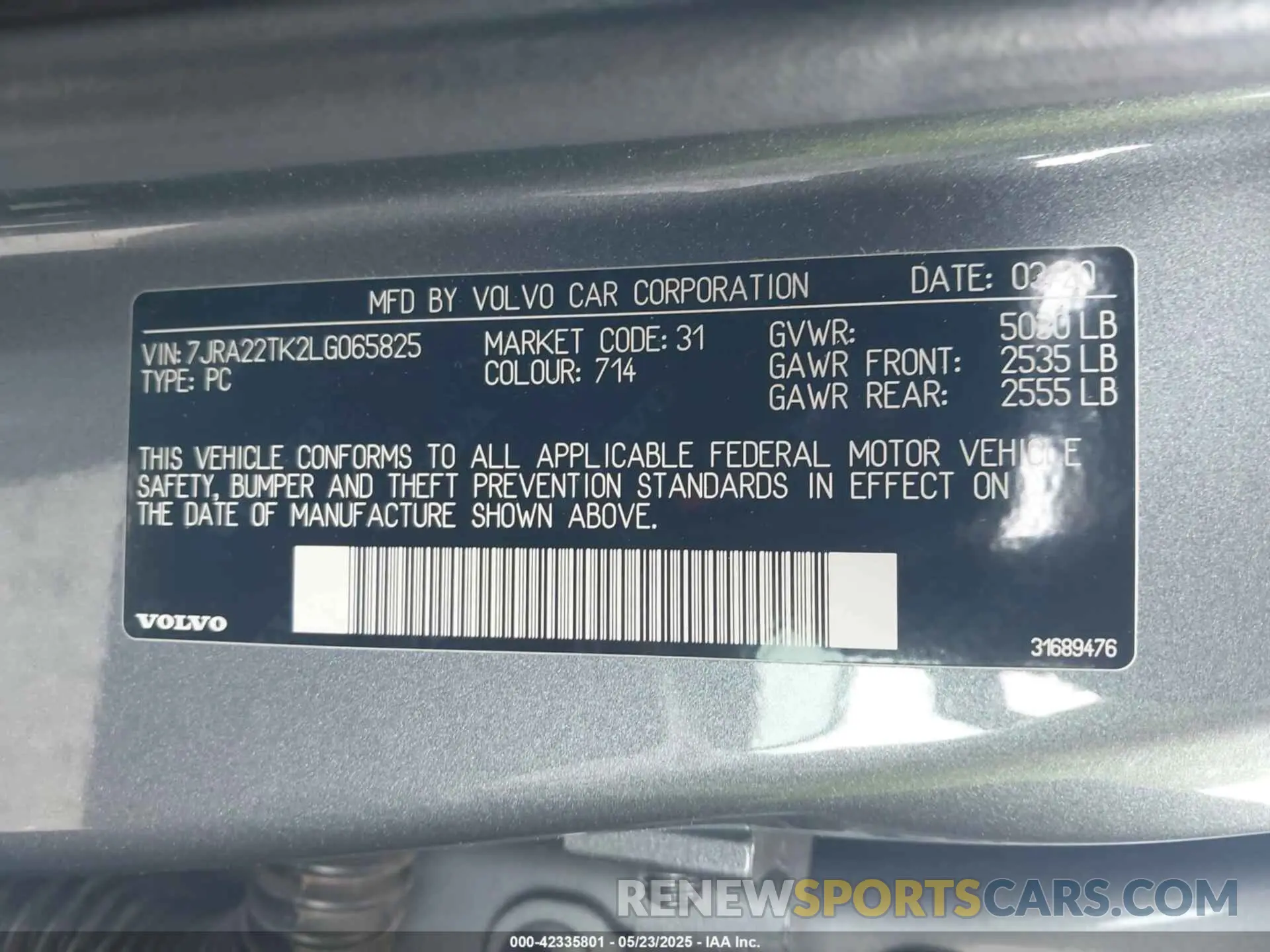 9 Фотография поврежденного автомобиля 7JRA22TK2LG065825 VOLVO S60 2020