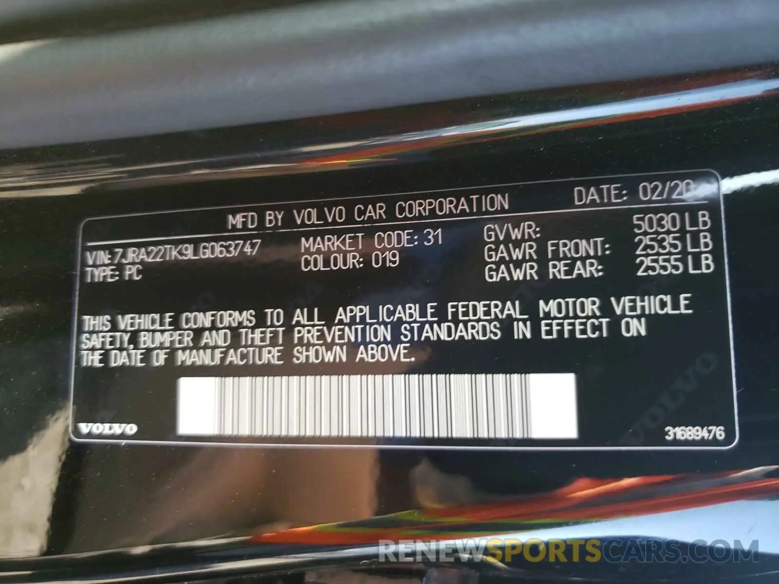 10 Photograph of a damaged car 7JRA22TK9LG063747 VOLVO S60 2020