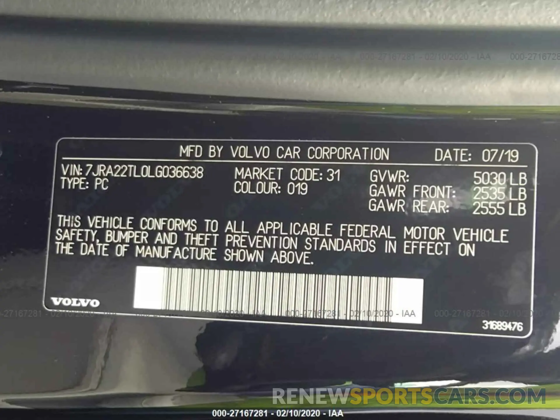 9 Photograph of a damaged car 7JRA22TL0LG036638 VOLVO S60 2020