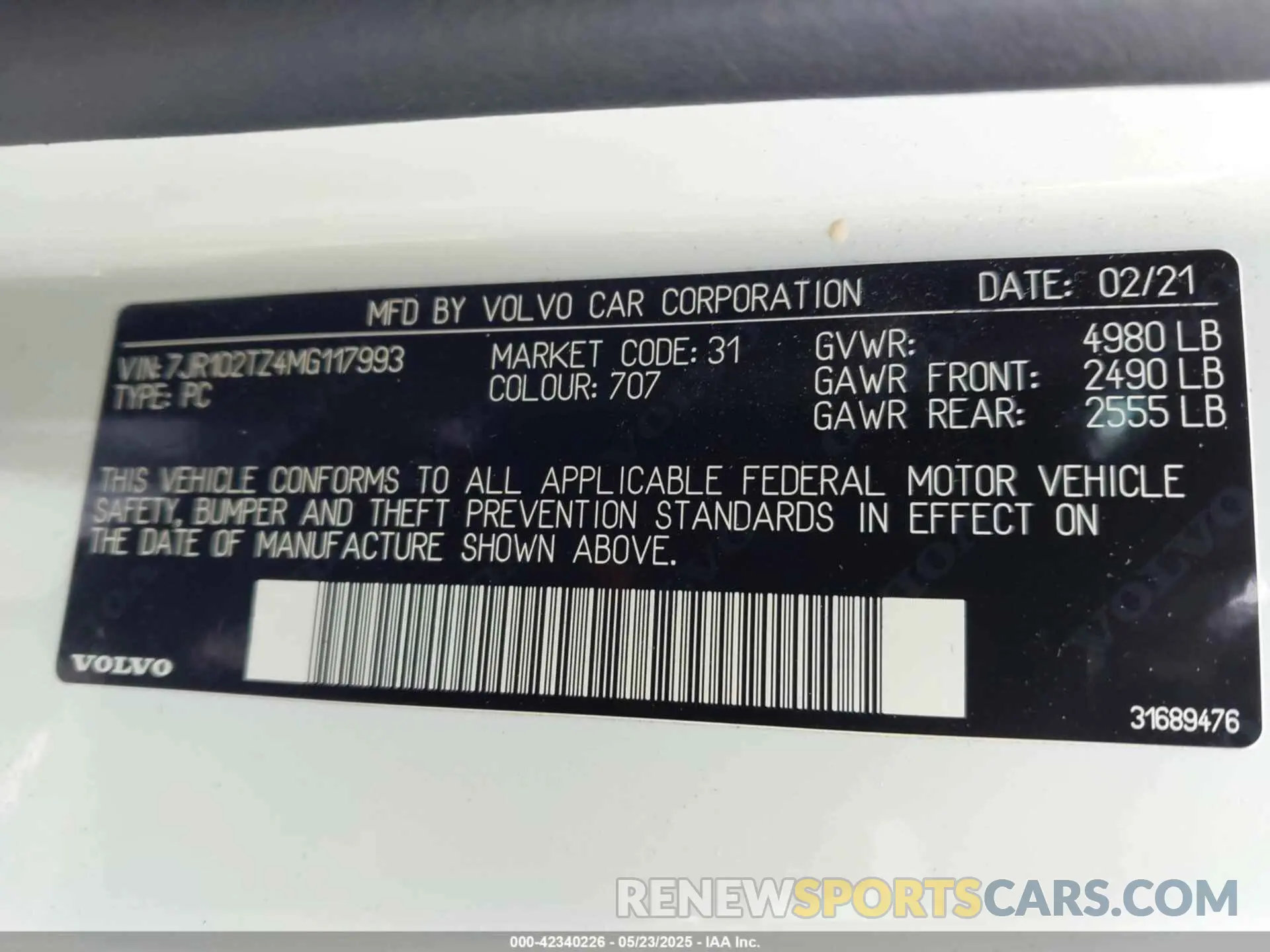 9 Фотография поврежденного автомобиля 7JR102TZ4MG117993 VOLVO S60 2021