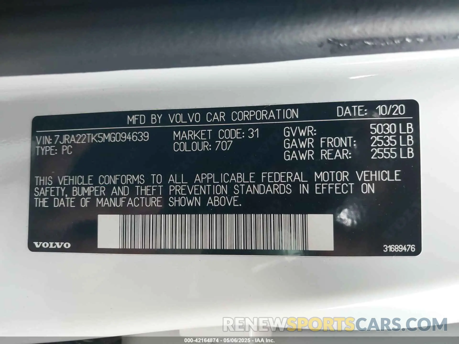 9 Photograph of a damaged car 7JRA22TK5MG094639 VOLVO S60 2021