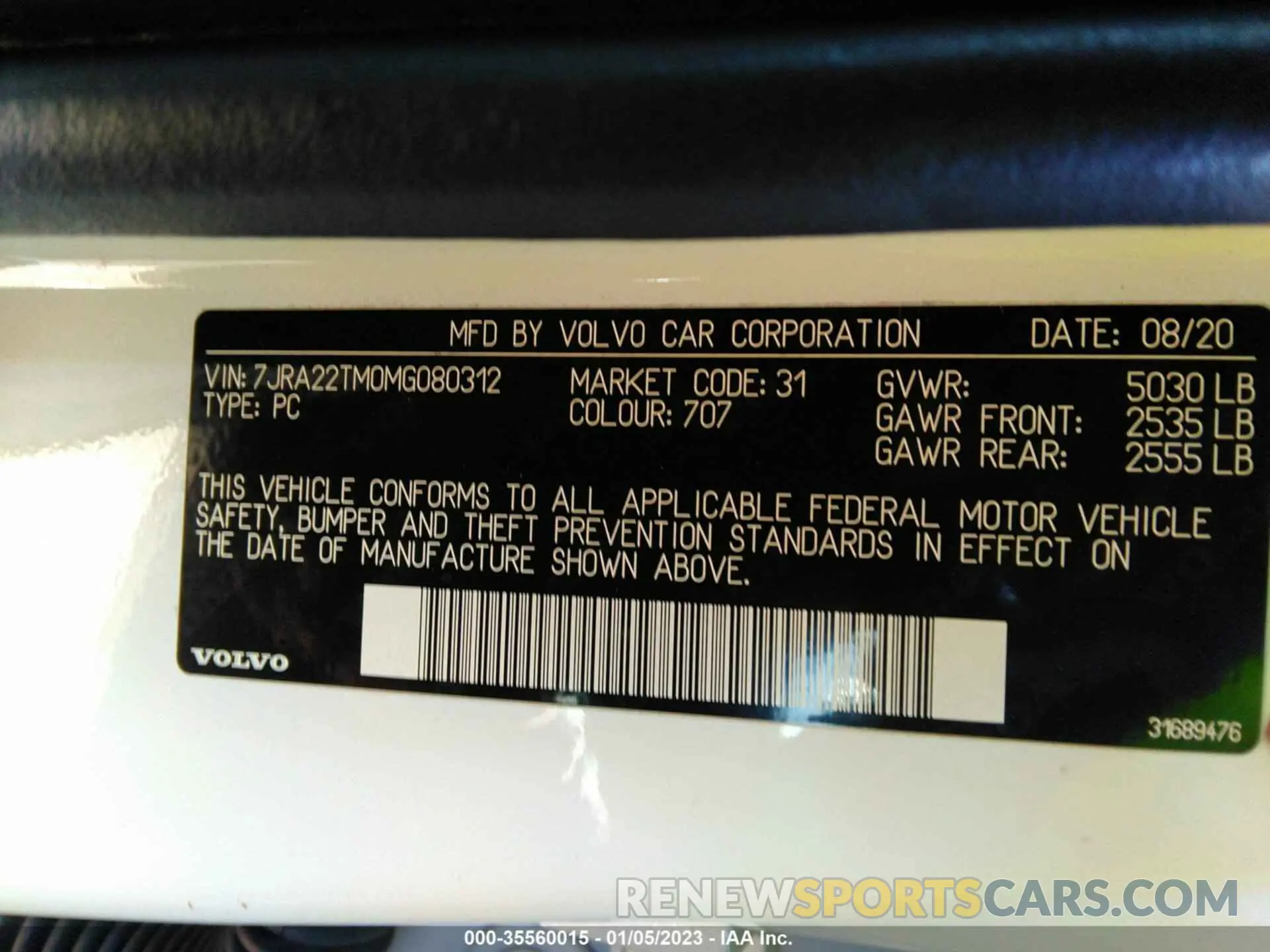 9 Фотография поврежденного автомобиля 7JRA22TM0MG080312 VOLVO S60 2021