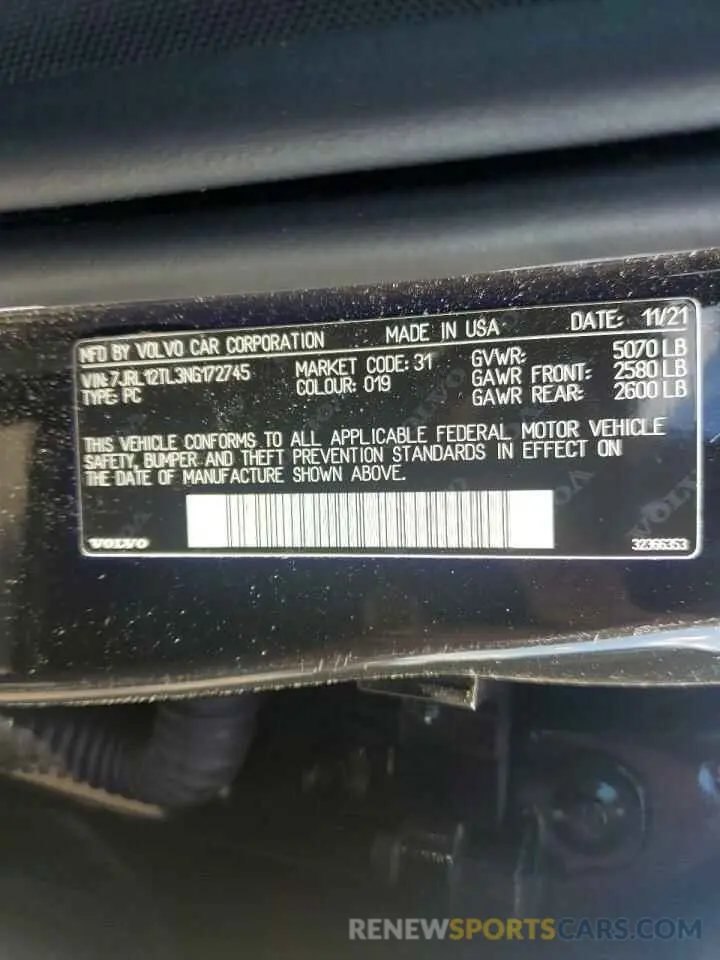 13 Photograph of a damaged car 7JRL12TL3NG172745 VOLVO S60 B5 INS 2022