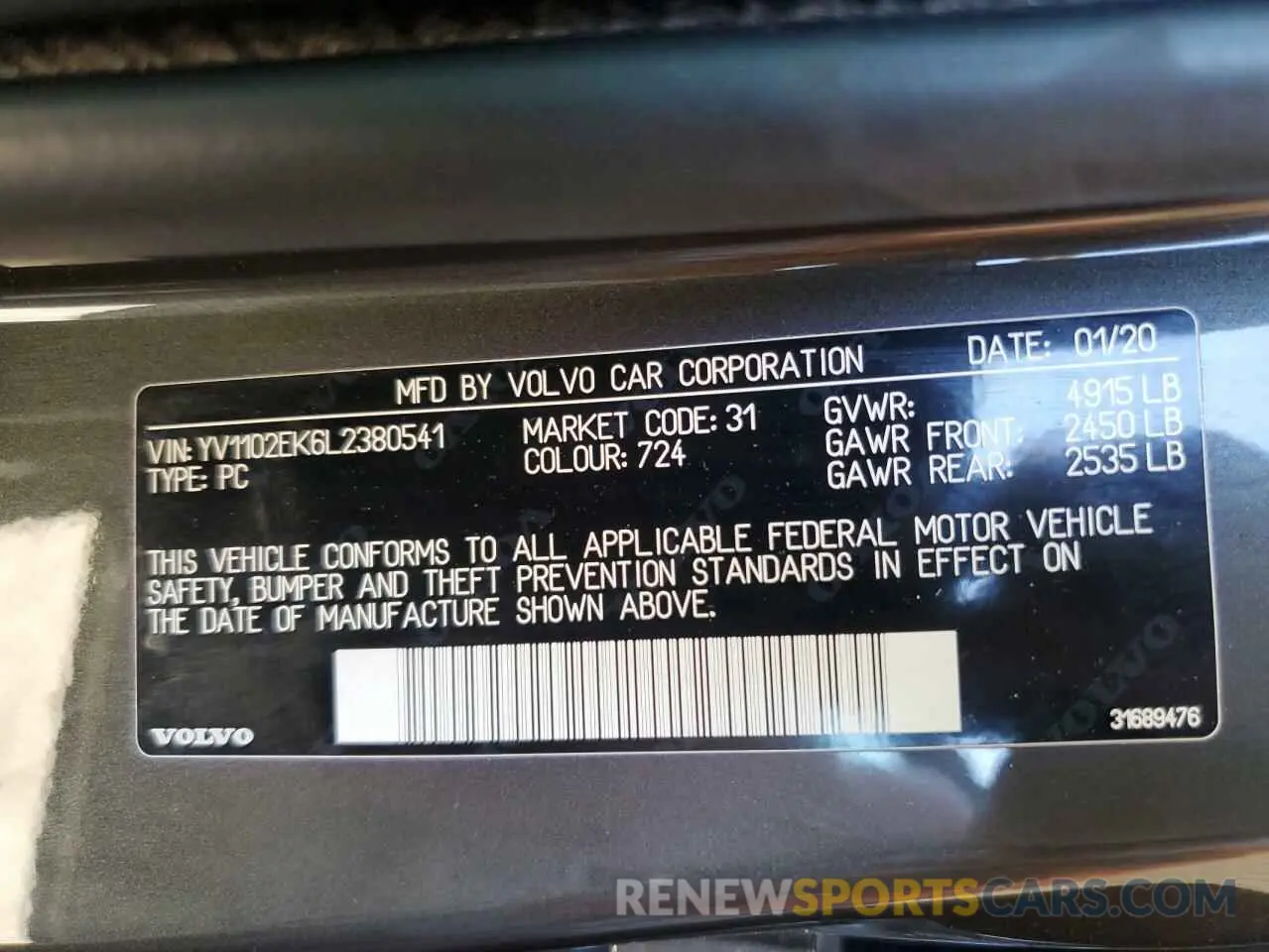 10 Photograph of a damaged car YV1102EK6L2380541 VOLVO V60 2020