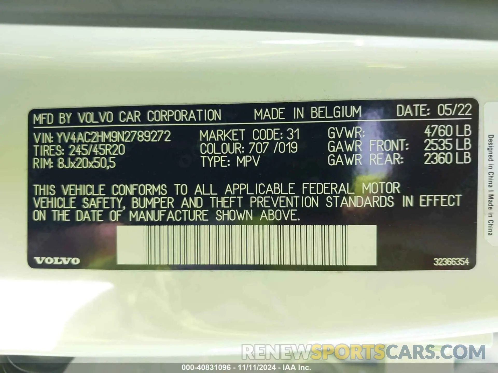 9 Фотография поврежденного автомобиля YV4AC2HM9N2789272 VOLVO XC40 2022