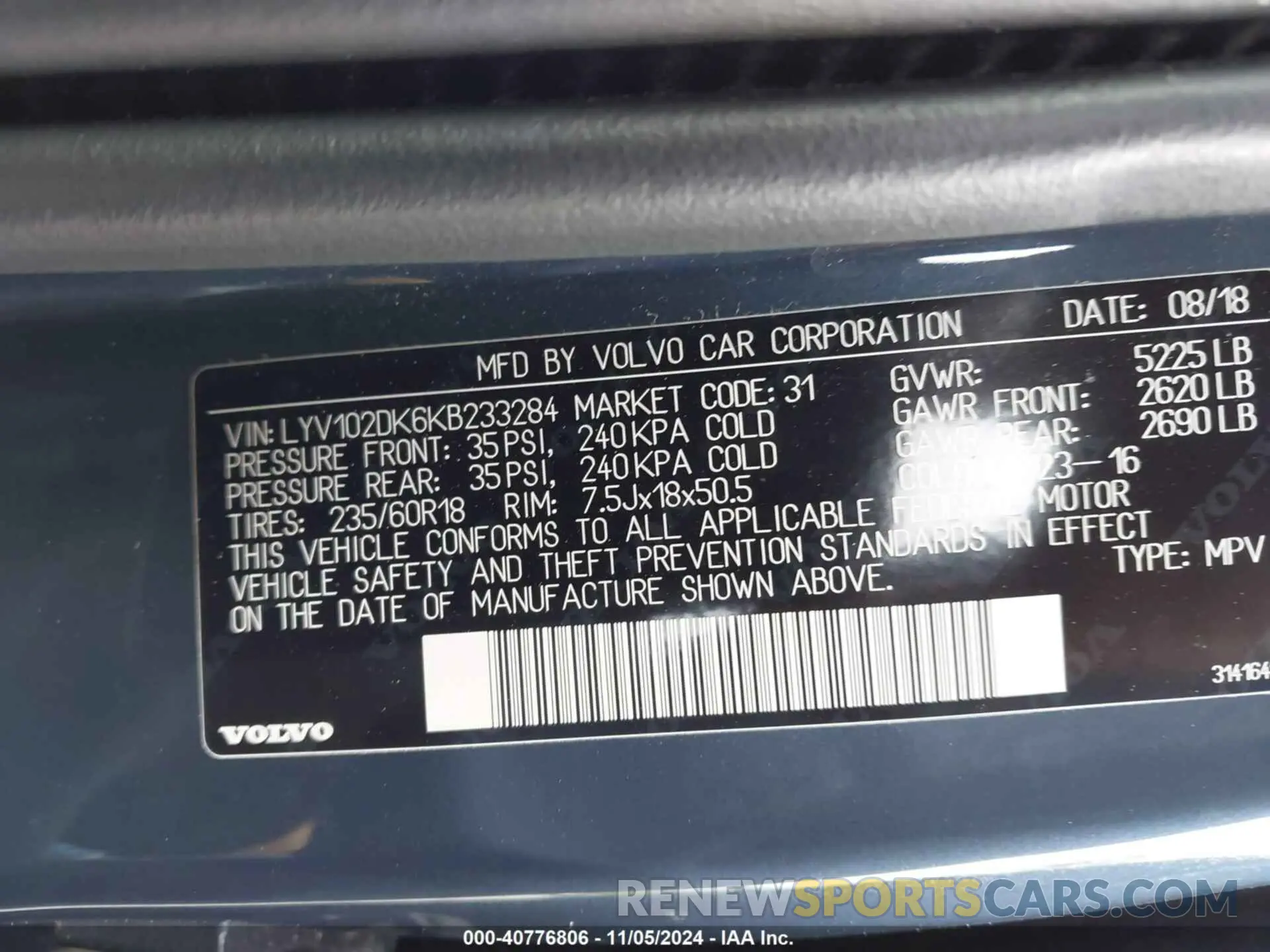 9 Photograph of a damaged car LYV102DK6KB233284 VOLVO XC60 2019