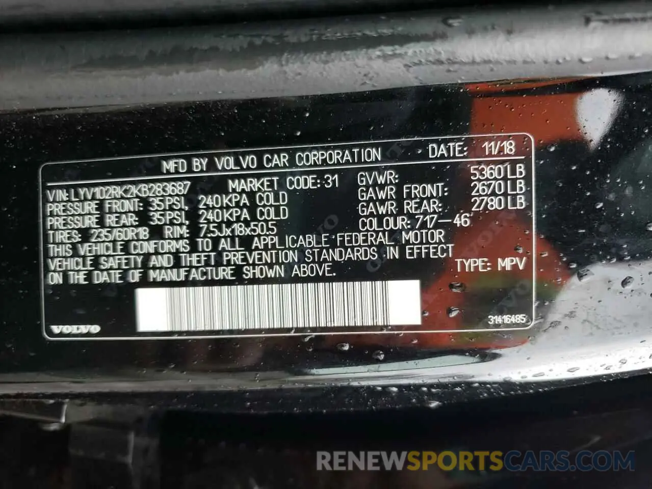 10 Photograph of a damaged car LYV102RK2KB283687 VOLVO XC60 2019