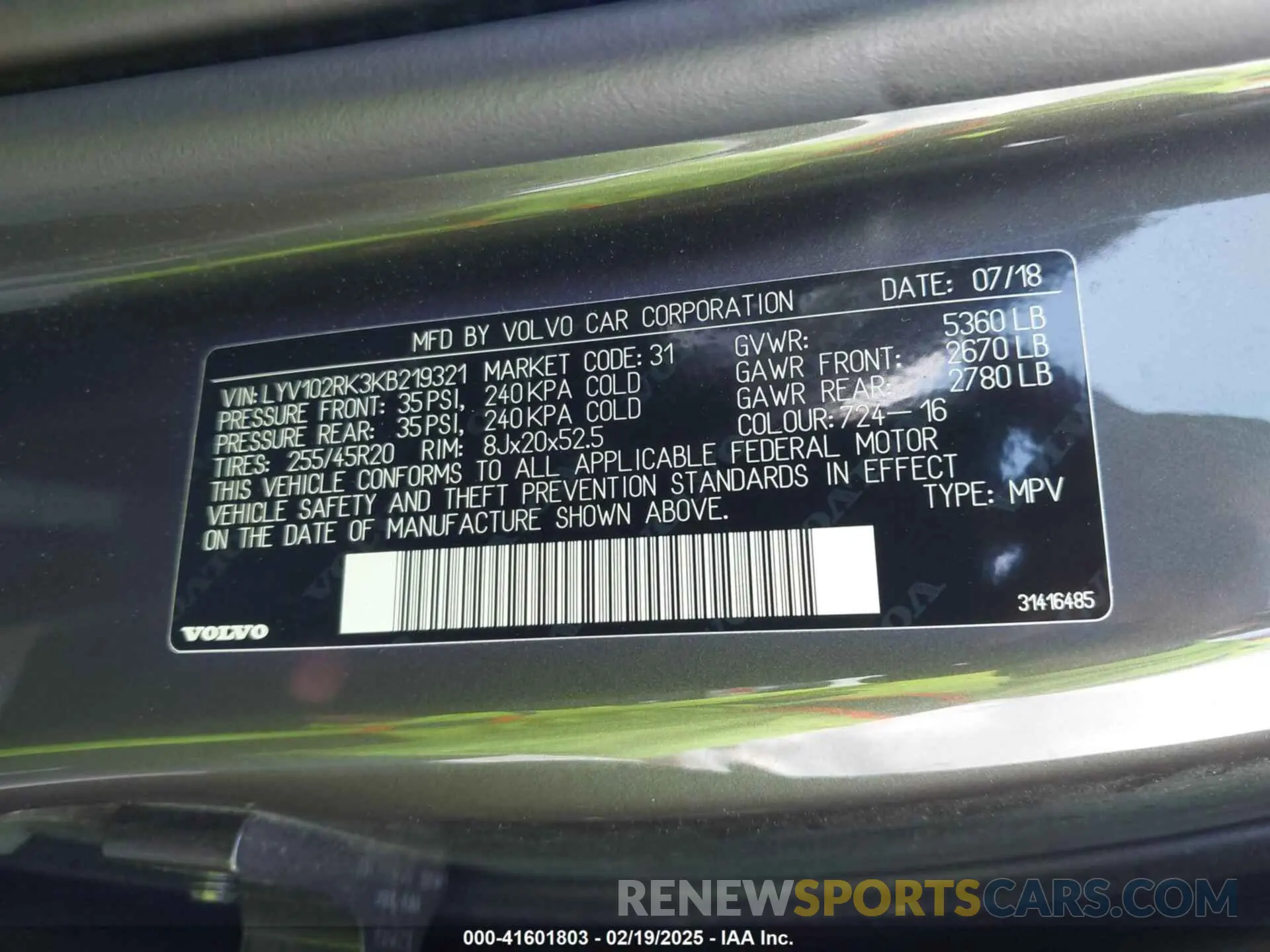 9 Фотография поврежденного автомобиля LYV102RK3KB219321 VOLVO XC60 2019