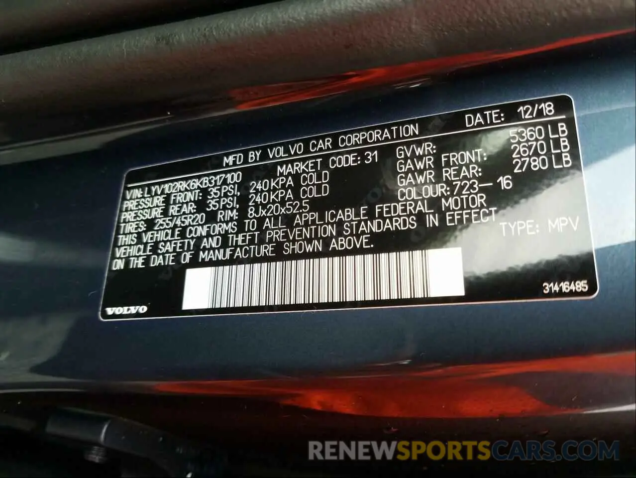 10 Photograph of a damaged car LYV102RK6KB317100 VOLVO XC60 2019