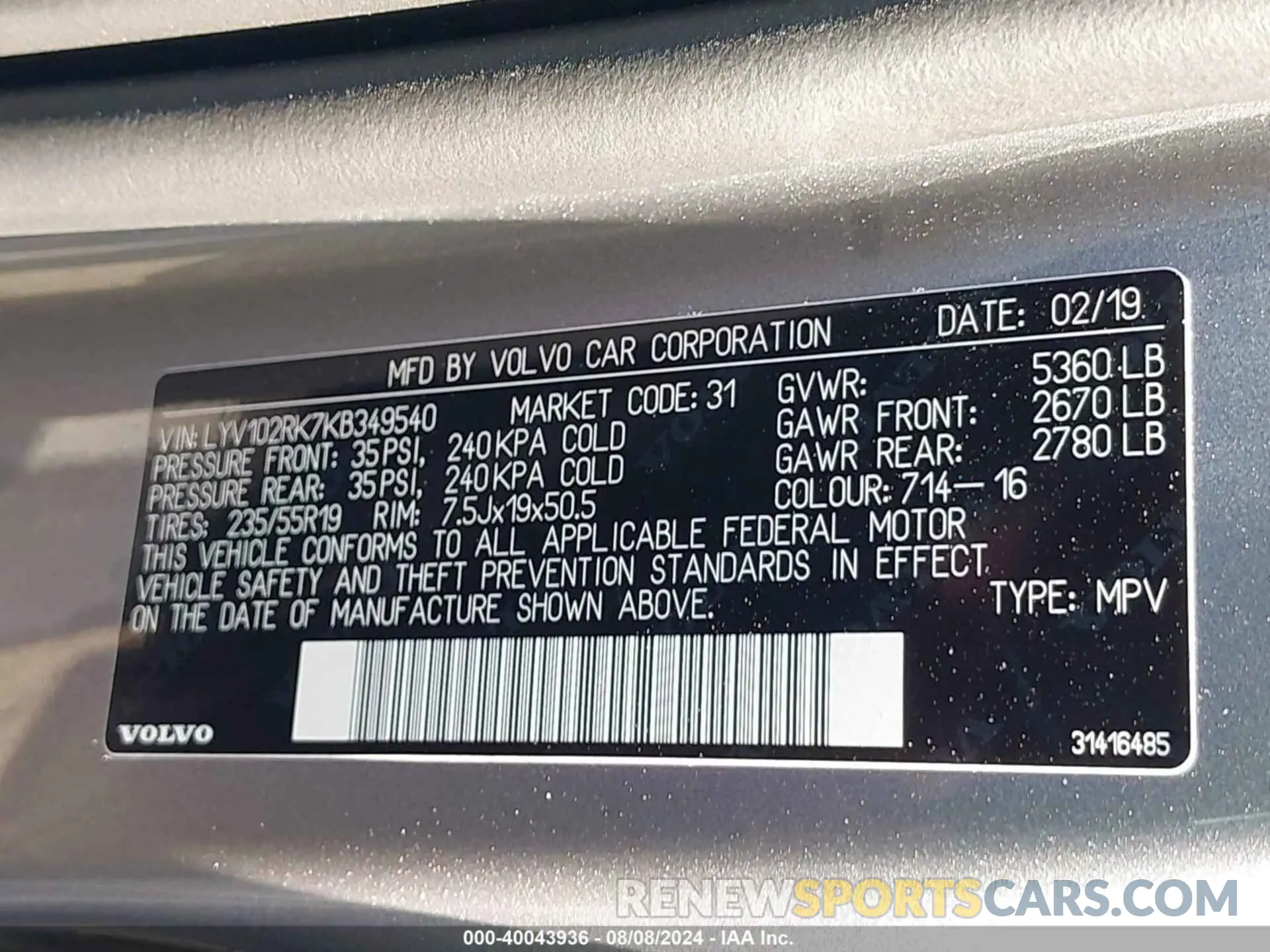 9 Photograph of a damaged car LYV102RK7KB349540 VOLVO XC60 2019