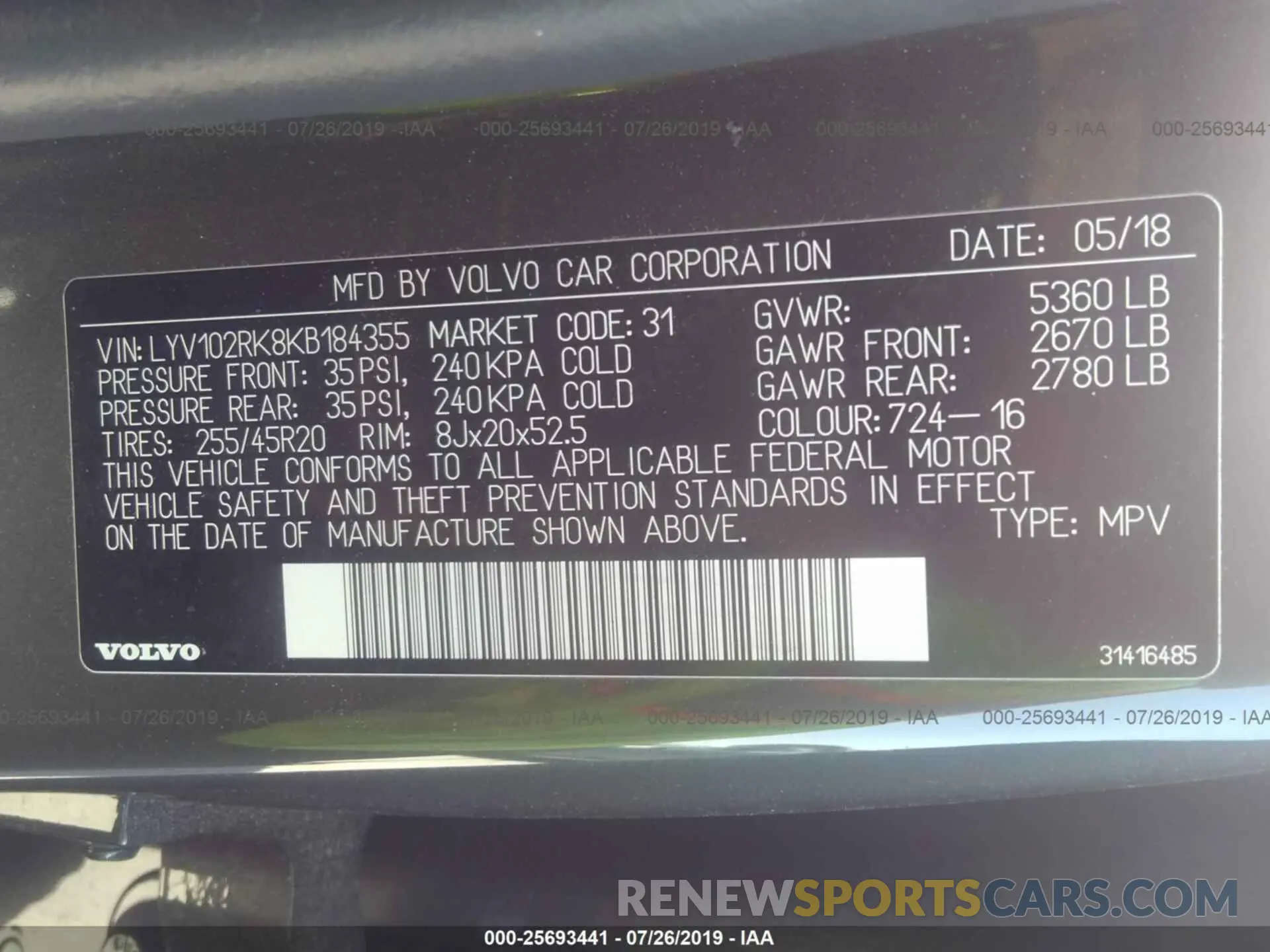 9 Photograph of a damaged car LYV102RK8KB184355 VOLVO XC60 2019
