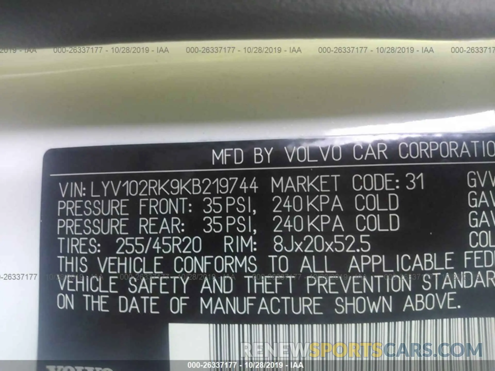 9 Photograph of a damaged car LYV102RK9KB219744 VOLVO XC60 2019
