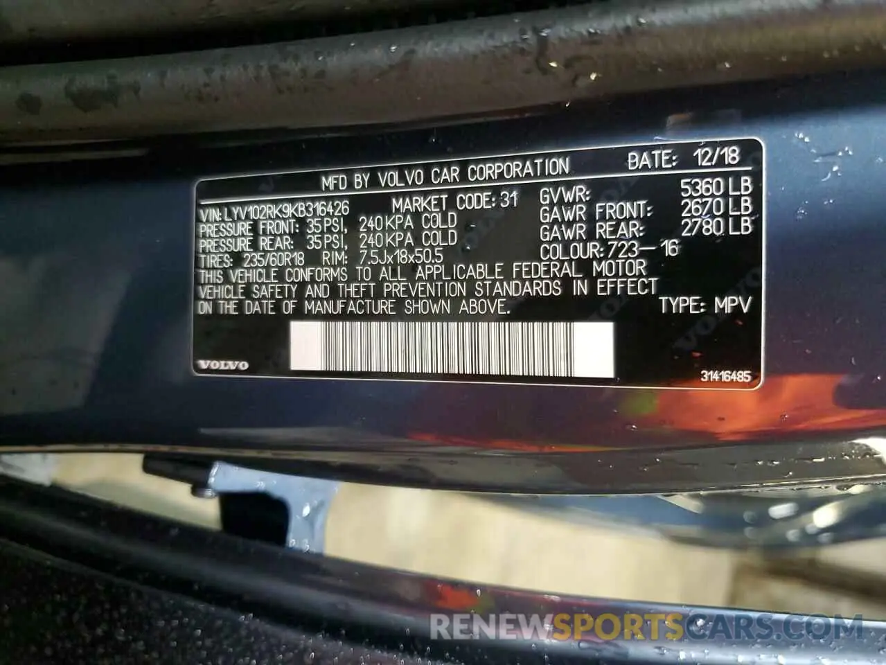 15 Photograph of a damaged car LYV102RK9KB316426 VOLVO XC60 2019