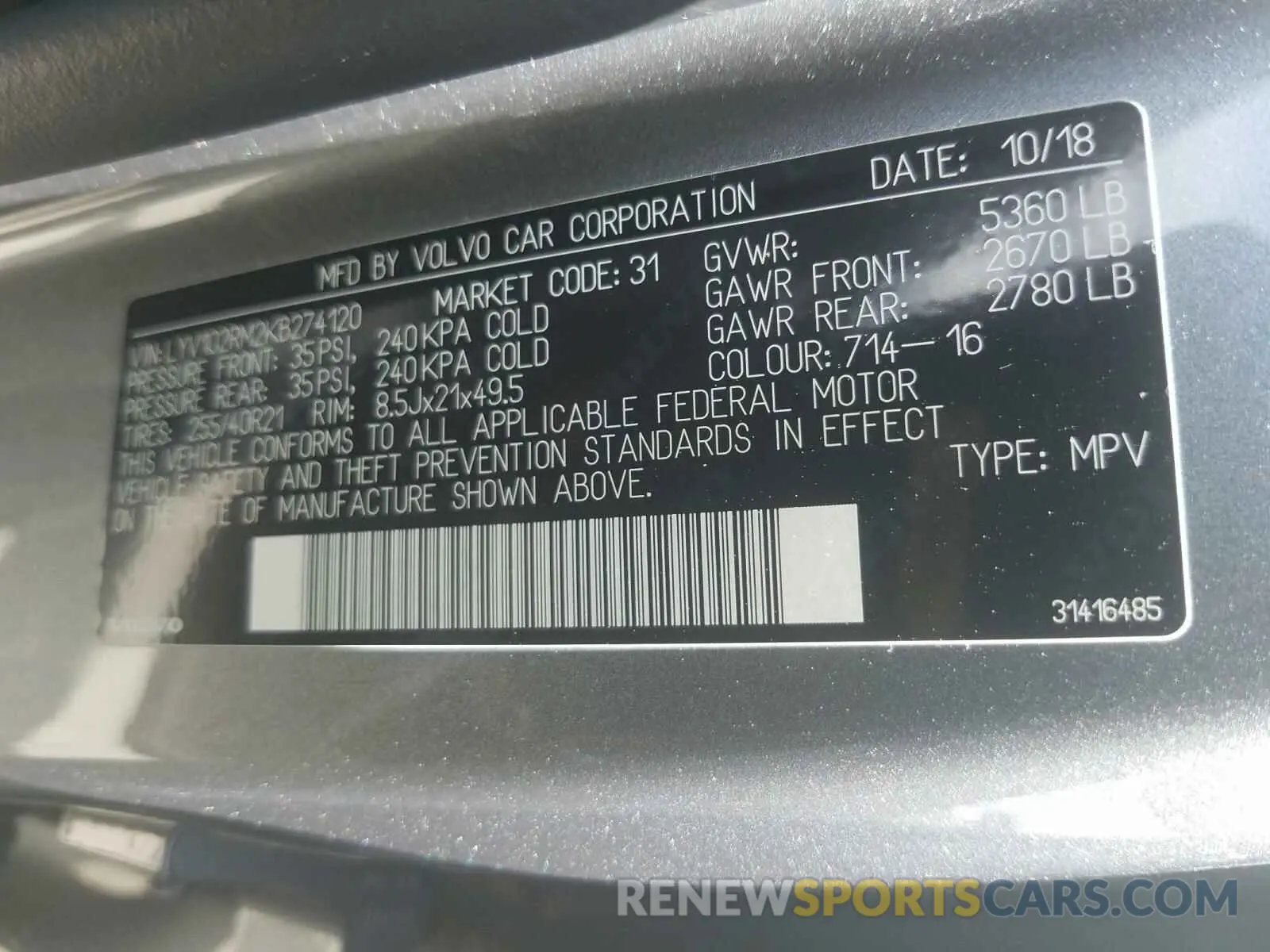 10 Photograph of a damaged car LYV102RM2KB274120 VOLVO XC60 T5 R- 2019