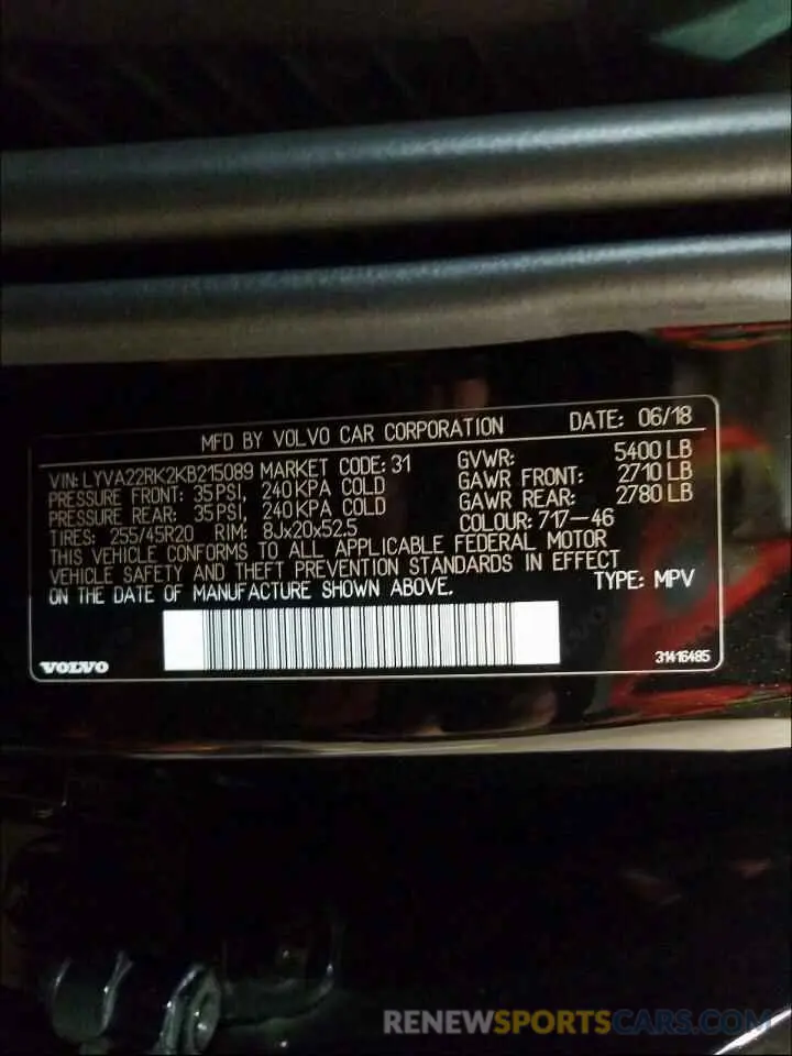 10 Photograph of a damaged car LYVA22RK2KB215089 VOLVO XC60 T6 MO 2019