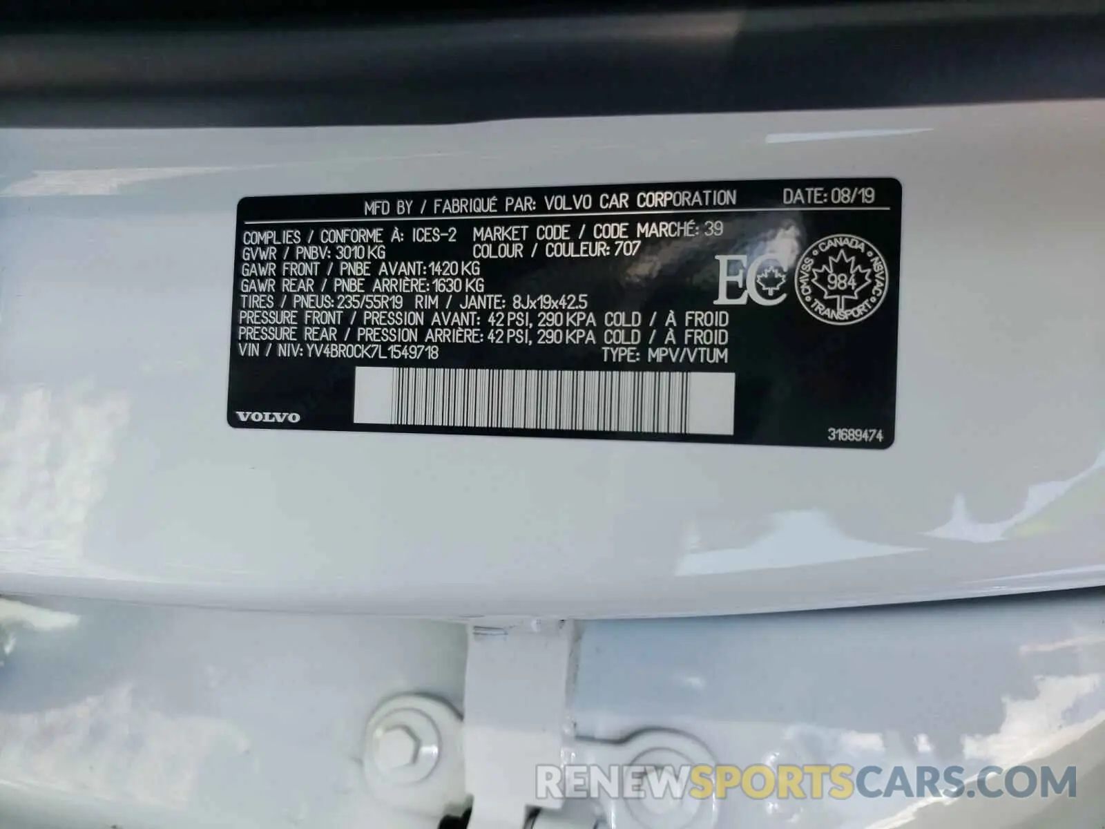 10 Photograph of a damaged car YV4BR0CK7L1549718 VOLVO XC90 2020
