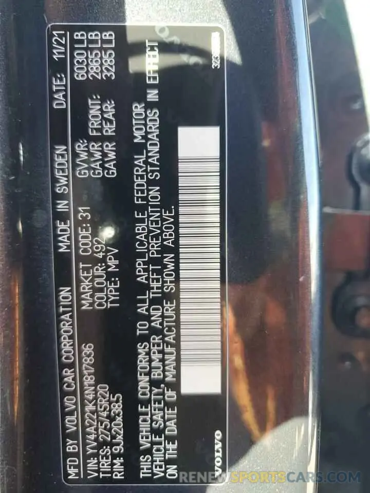 13 Фотография поврежденного автомобиля YV4A221K4N1817836 VOLVO XC90 2022