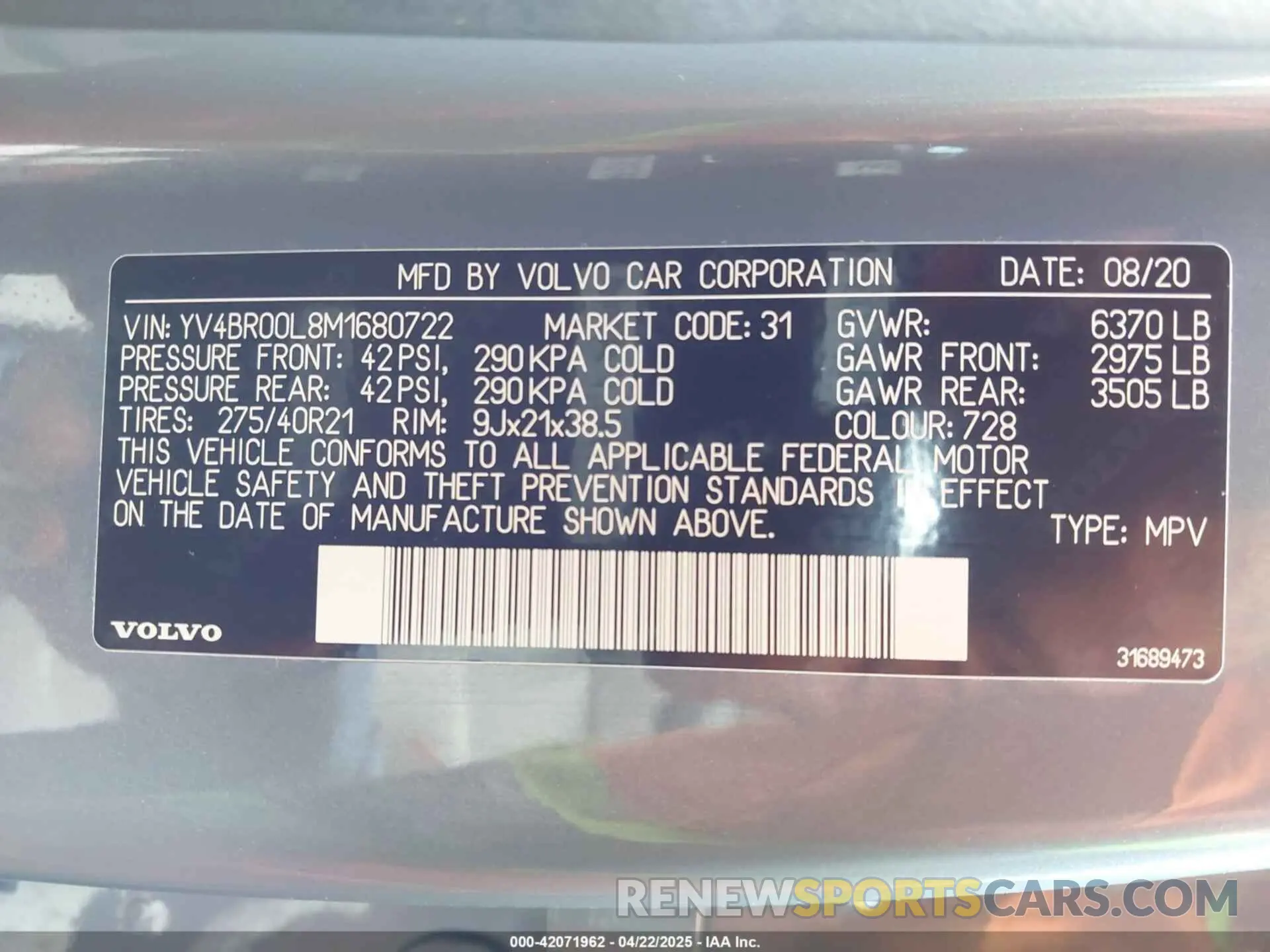 9 Фотография поврежденного автомобиля YV4BR00L8M1680722 VOLVO XC90 RECHARGE PLUG-IN HYBRID 2021